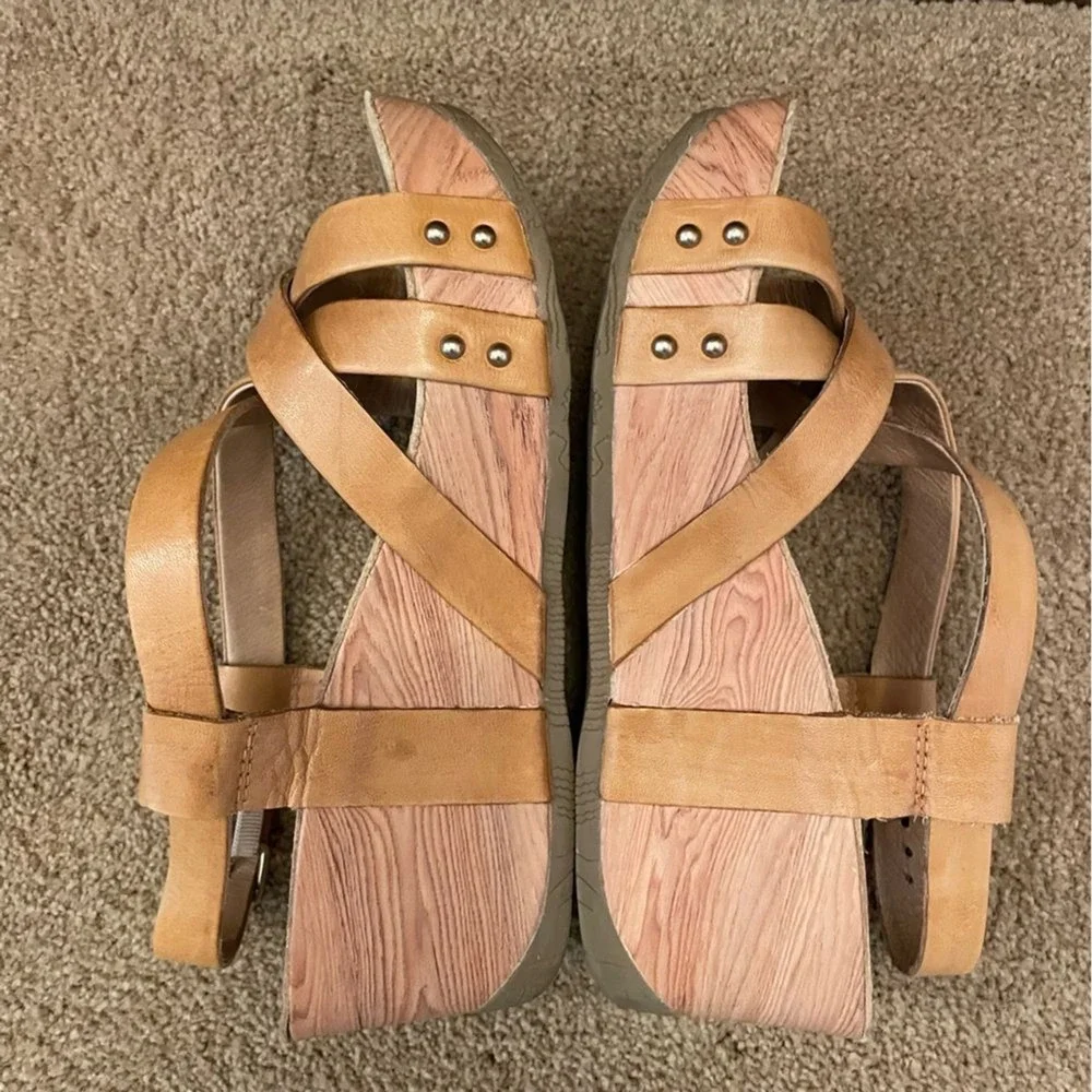 Bussola‎ Formentera Wedge Sandals Toffee Tan Leather Boho Studded Women Size 40